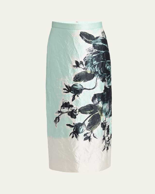 Floral Crinkle-Effect Pencil Midi Skirt